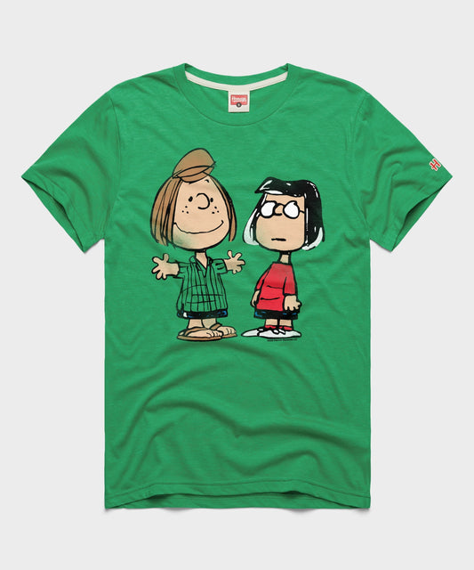 Green t-shirt featuring Peppermint Patty and Marcie smiling together on the front chest-0