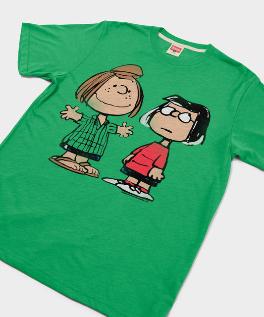 Green t-shirt featuring Peppermint Patty and Marcie smiling together on the front chest-1