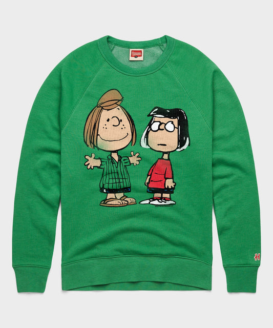 Green crewneck sweatshirt featuring a graphic of Peppermint Patty and Marcie on the front-0