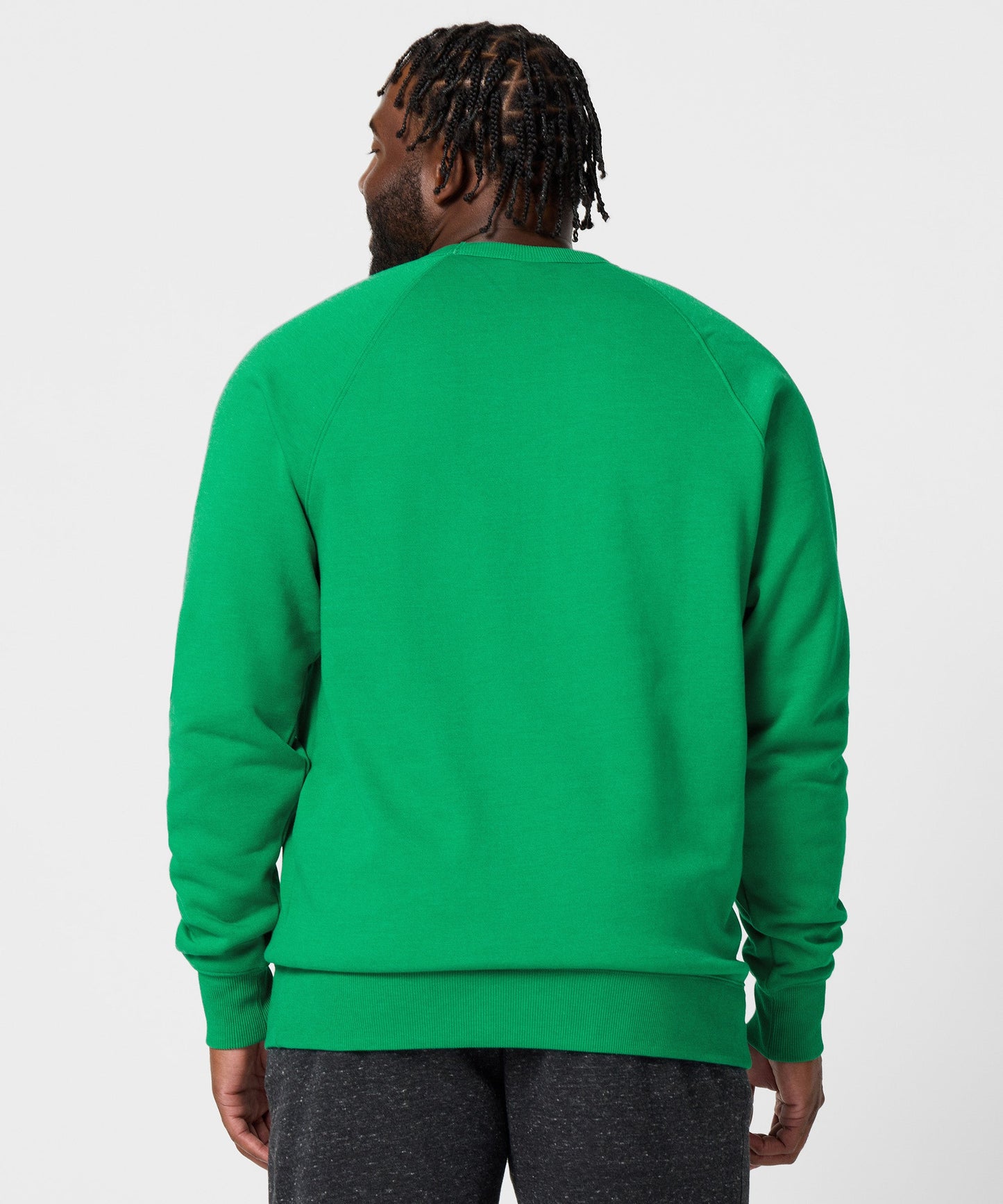 Back view of the solid green sweatshirt with a clean, unprinted finish