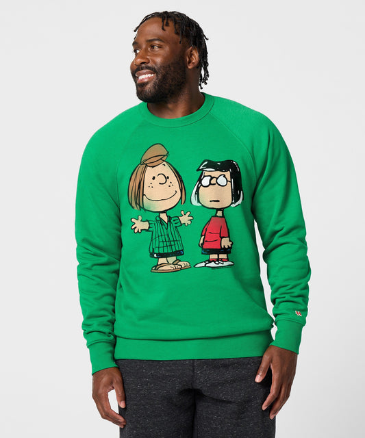 Green crewneck sweatshirt featuring a graphic of Peppermint Patty and Marcie on the front-2