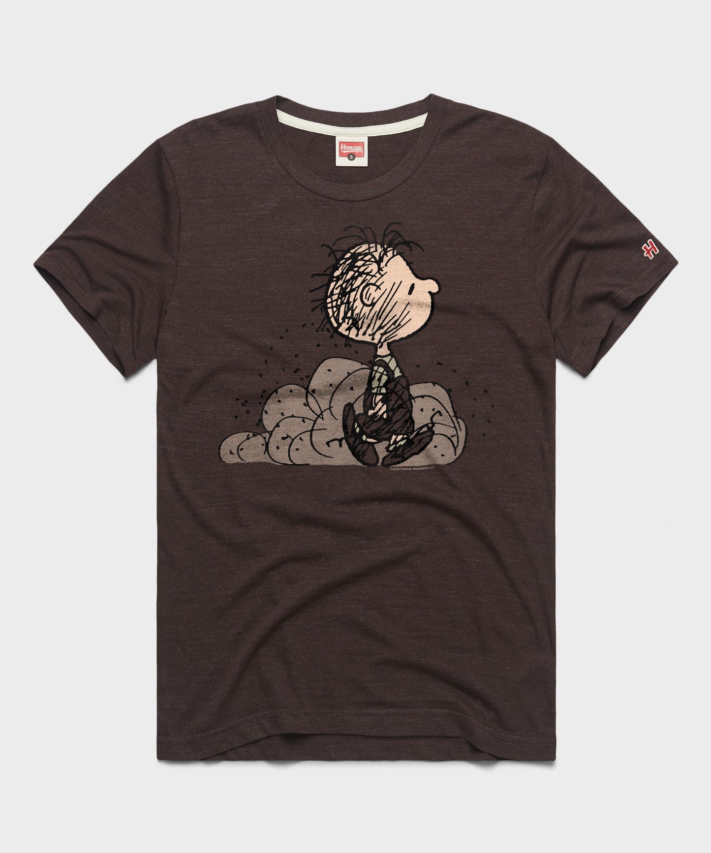 Brown crew-neck t-shirt featuring Pig-Pen wrapped in a cloud of dust centered on the front chest