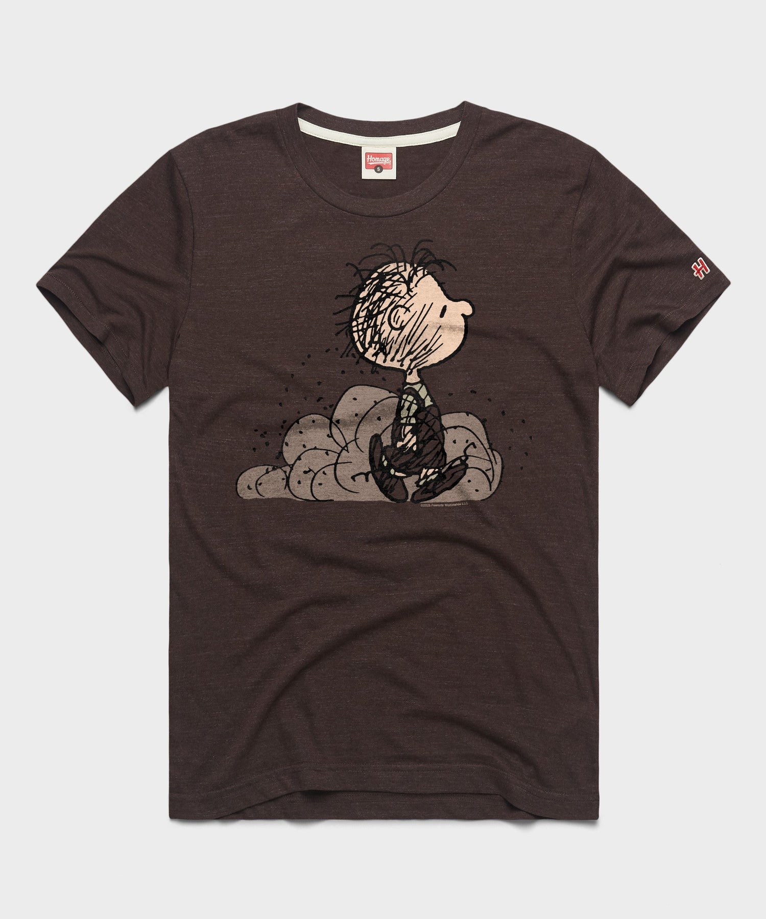 Brown crew-neck t-shirt featuring Pig-Pen wrapped in a cloud of dust centered on the front chest