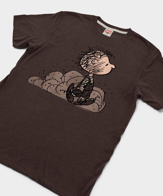 Brown crew-neck t-shirt featuring Pig-Pen wrapped in a cloud of dust centered on the front chest-1