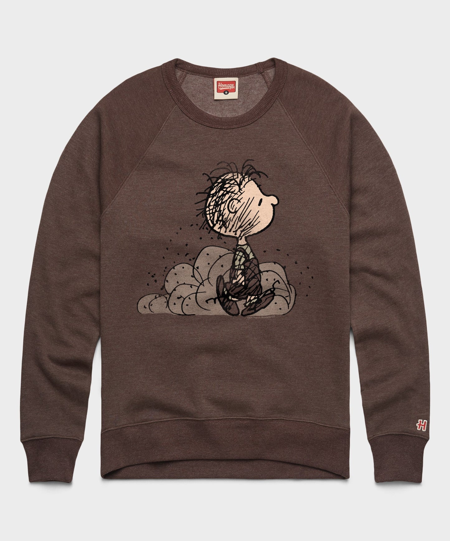 Brown crewneck sweatshirt featuring Pig-Pen wrapped in a cloud of dust on the front chest