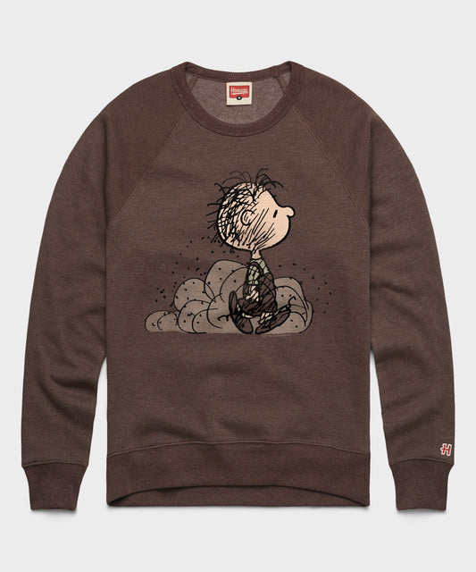 Brown crewneck sweatshirt featuring Pig-Pen wrapped in a cloud of dust on the front chest-0