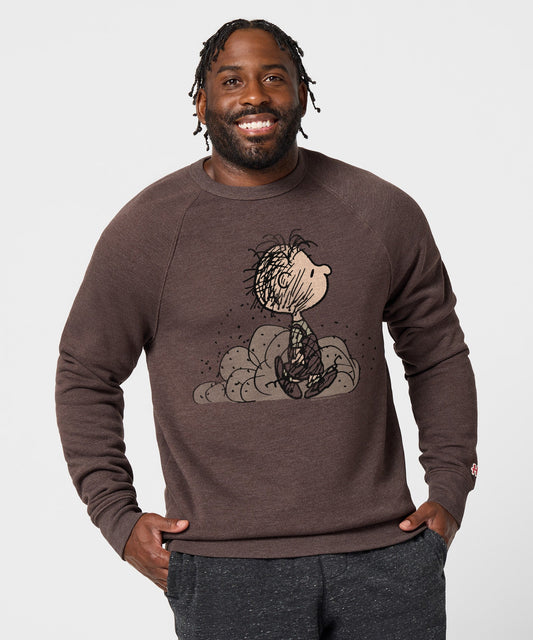 Brown crewneck sweatshirt featuring Pig-Pen wrapped in a cloud of dust on the front chest-2