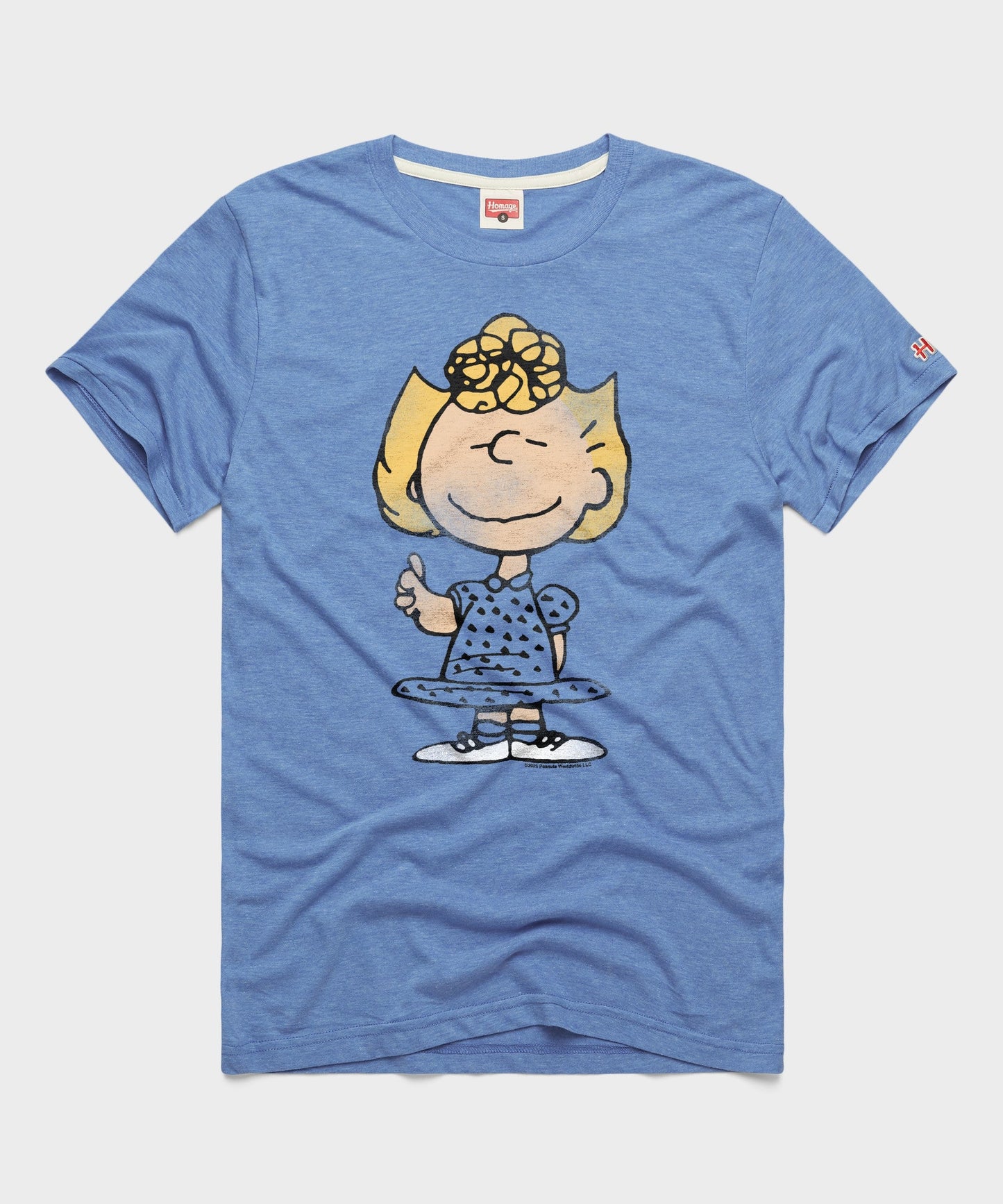 Light blue t-shirt featuring a graphic of Sally from Peanuts centered on the front chest