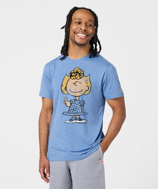 Light blue t-shirt featuring a graphic of Sally from Peanuts centered on the front chest-2