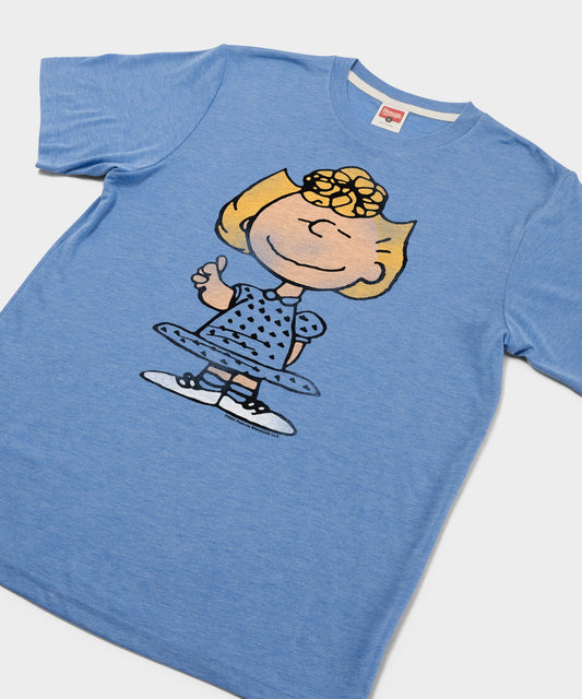 Light blue t-shirt featuring a graphic of Sally from Peanuts centered on the front chest-1