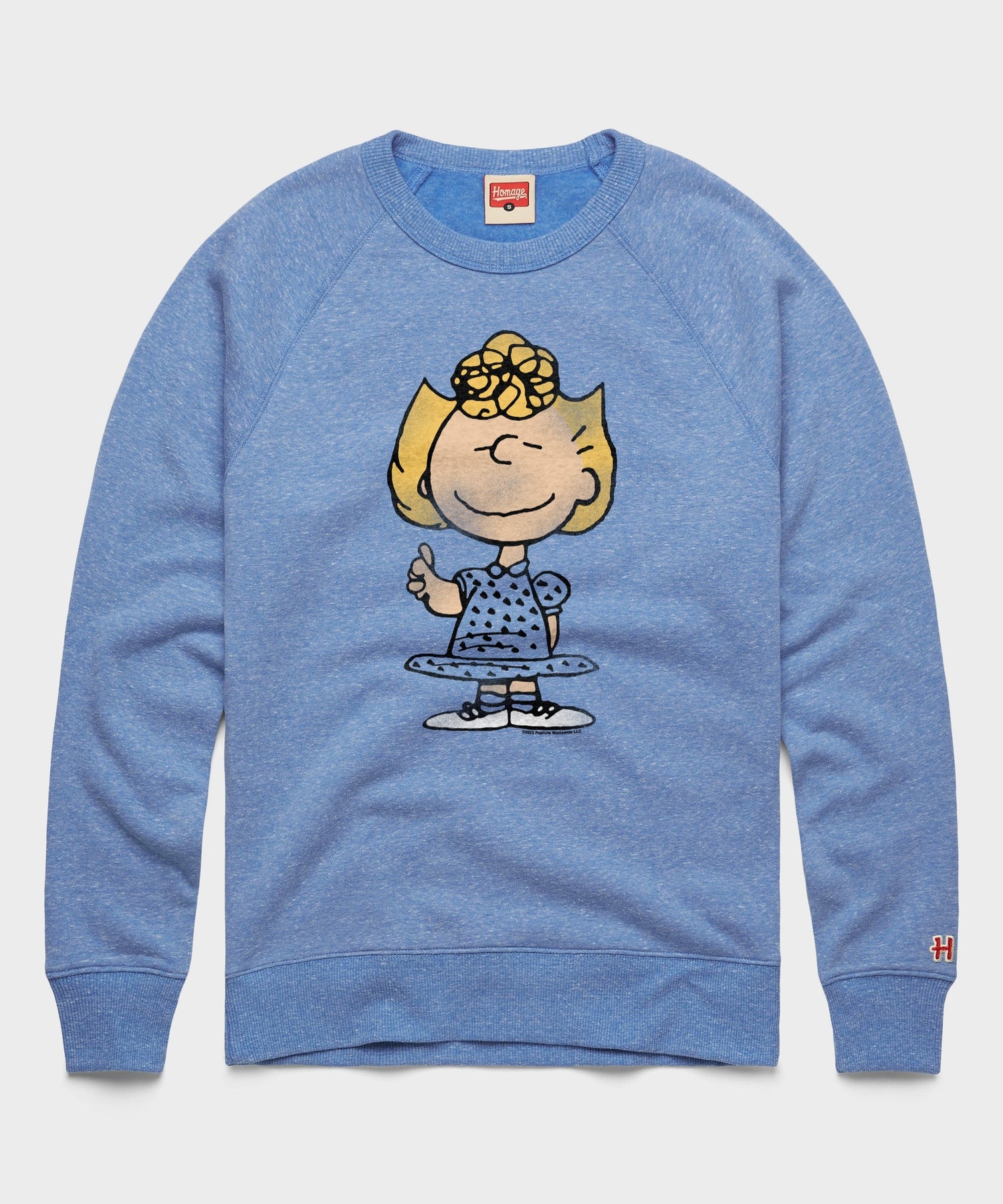 Light blue crewneck sweatshirt featuring Sally Brown with her arms crossed on the front center