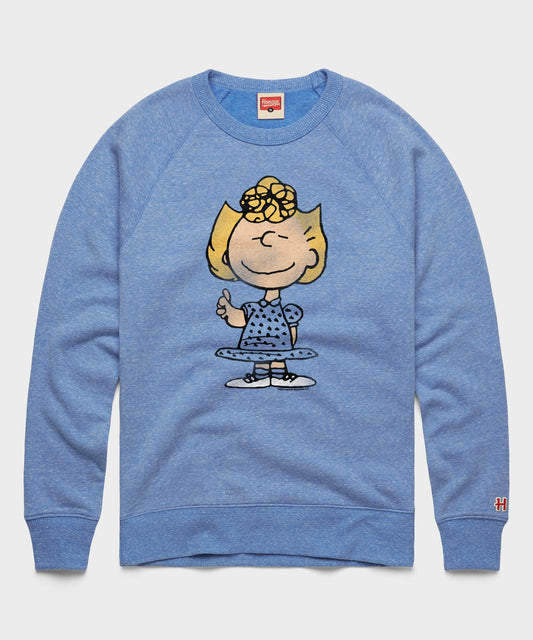 Light blue crewneck sweatshirt featuring Sally Brown with her arms crossed on the front center-0