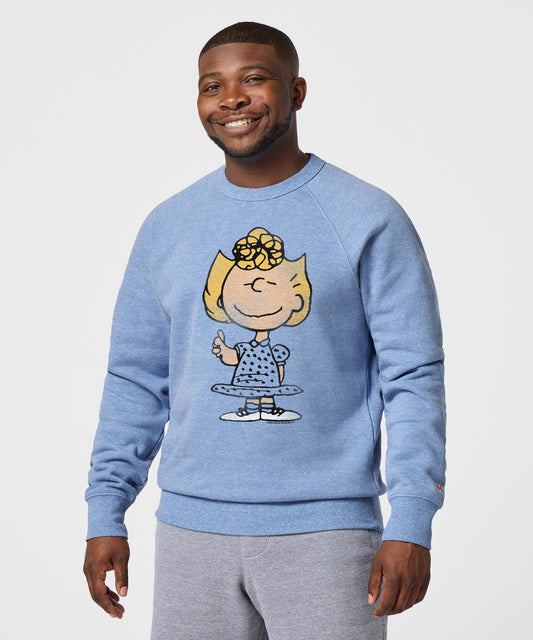 Light blue crewneck sweatshirt featuring Sally Brown with her arms crossed on the front center-2