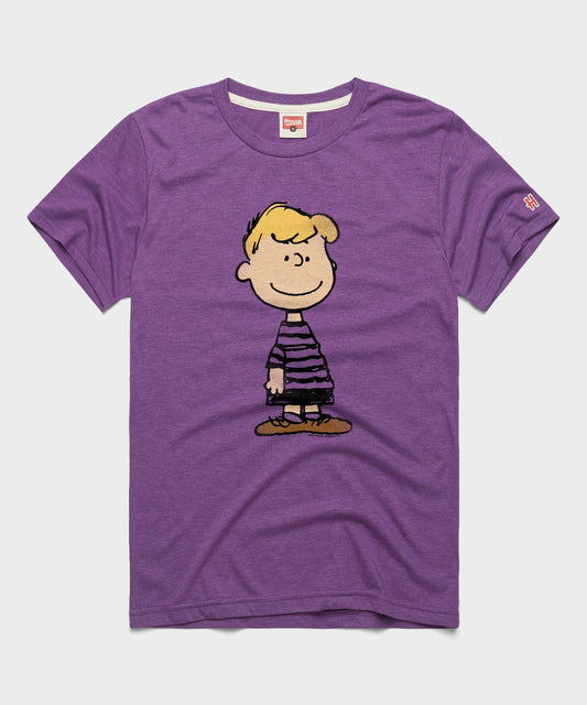 Royal purple t-shirt featuring Schroeder playing his toy piano on the front chest-0