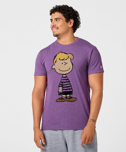 Royal purple t-shirt featuring Schroeder playing his toy piano on the front chest-2