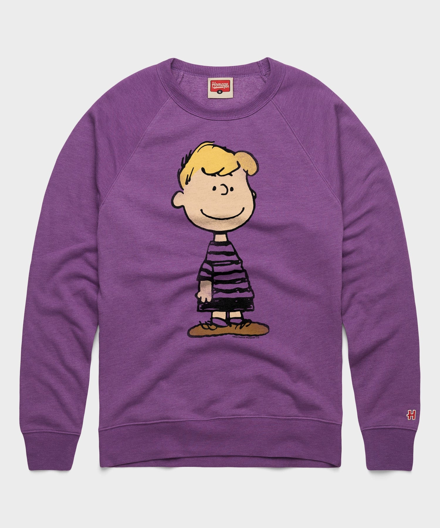 Royal purple crew-neck sweatshirt featuring a graphic of Schroeder playing his piano on the front chest