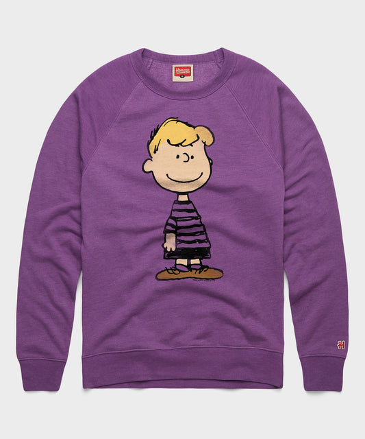 Royal purple crew-neck sweatshirt featuring a graphic of Schroeder playing his piano on the front chest-0