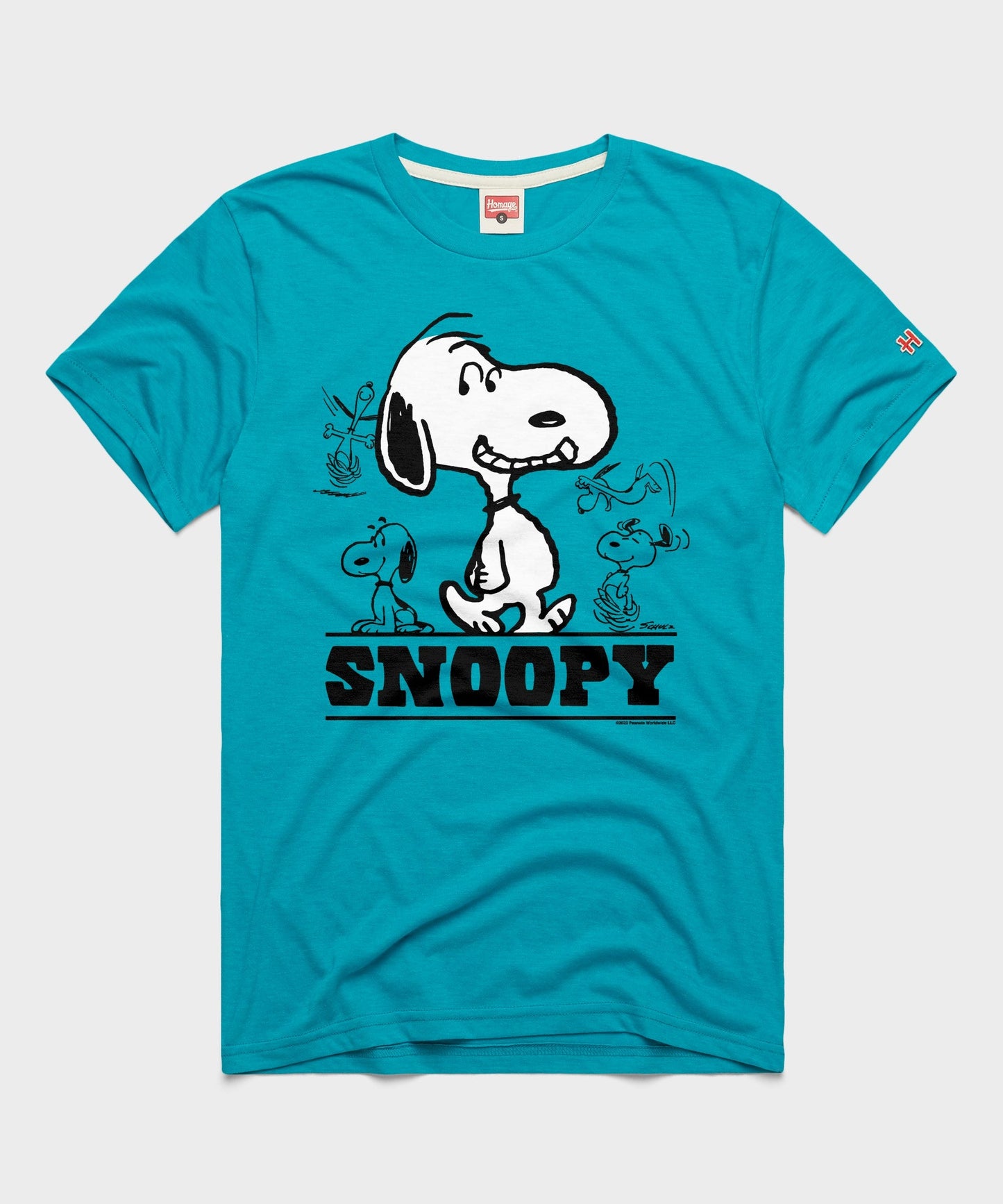 Teal crewneck t-shirt featuring a vintage-inspired graphic of Snoopy as Joe Cool wearing sunglasses on the chest