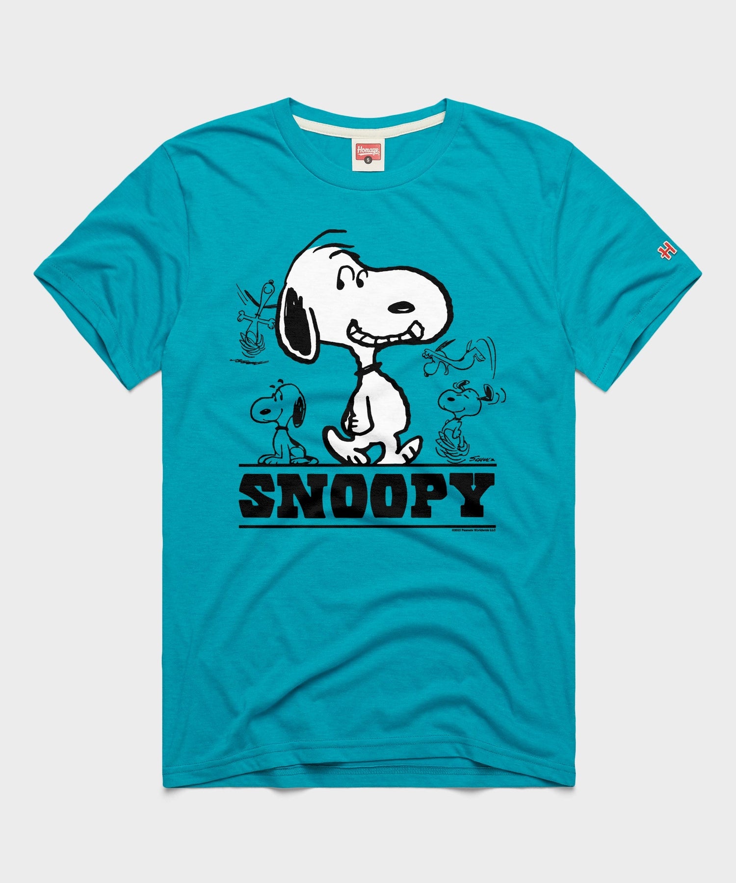 Teal crewneck t-shirt featuring a vintage-inspired graphic of Snoopy as Joe Cool wearing sunglasses on the chest