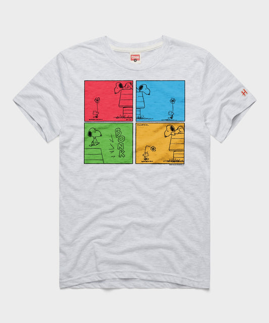 Ash grey crew-neck t-shirt featuring a multi-panel graphic of Snoopy and Woodstock on the front-0