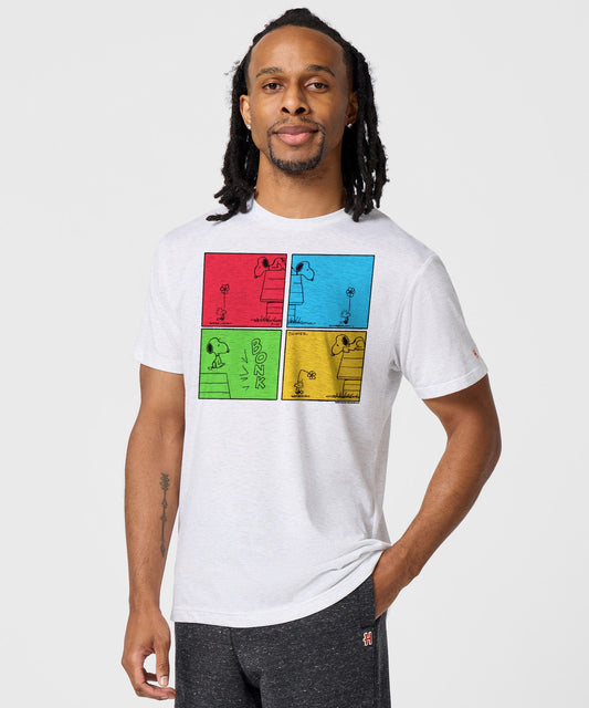Ash grey crew-neck t-shirt featuring a multi-panel graphic of Snoopy and Woodstock on the front-2
