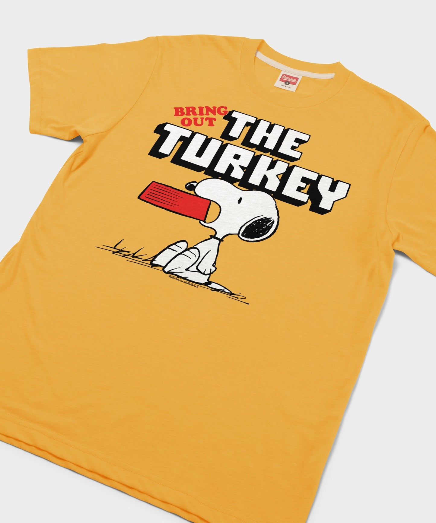 Close-up of the Charlie Brown and Snoopy artwork printed on the front of the gold t-shirt