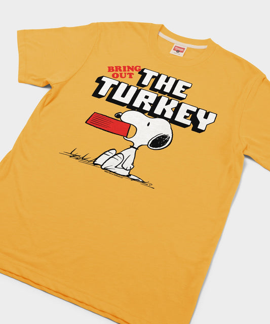 Gold crew-neck t-shirt featuring Charlie Brown and Snoopy graphic on the front chest-1