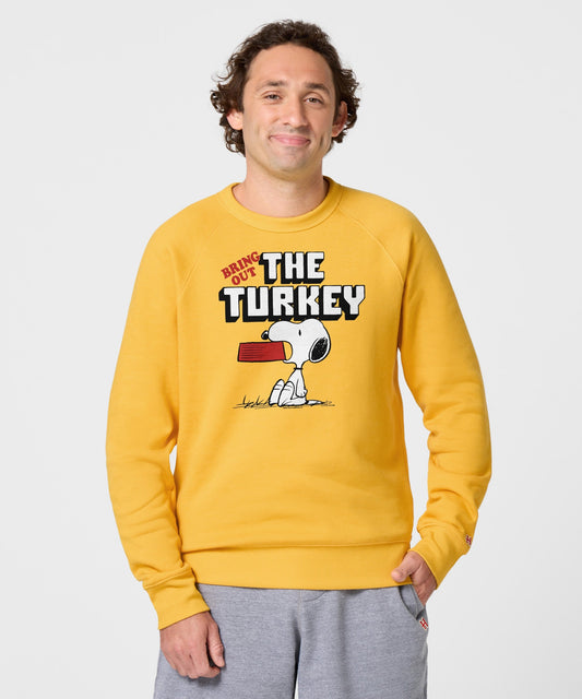 Gold crewneck sweatshirt featuring Snoopy and a Bring Out The Turkey graphic on the front chest-2