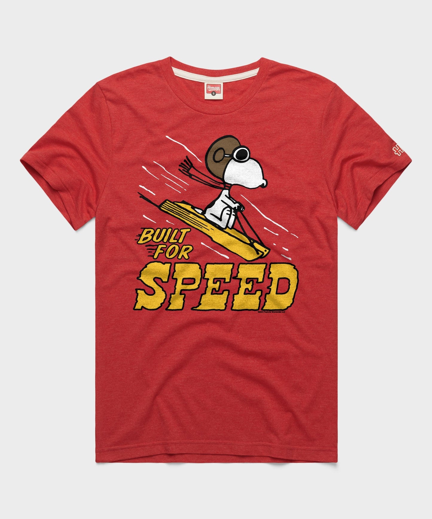 Red short-sleeve t-shirt with a vintage-style Snoopy Built For Speed graphic printed across the chest