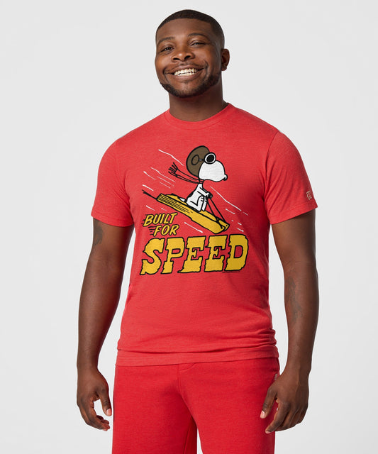 Red short-sleeve t-shirt with a vintage-style Snoopy Built For Speed graphic printed across the chest-2