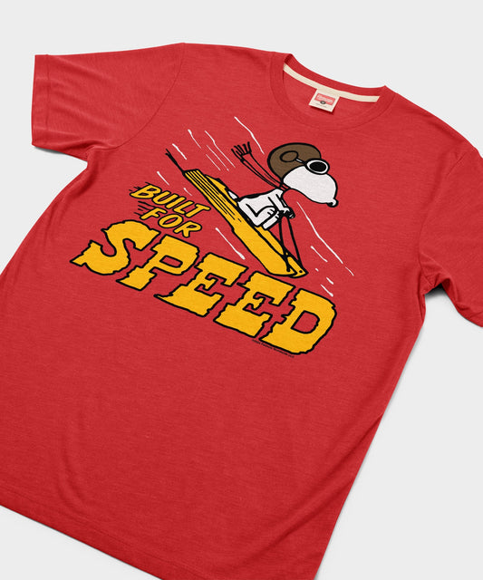 Red short-sleeve t-shirt with a vintage-style Snoopy Built For Speed graphic printed across the chest-1