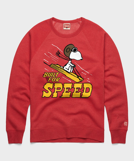 Red crewneck sweatshirt featuring Snoopy sledding with the Peanuts gang on the front chest-0