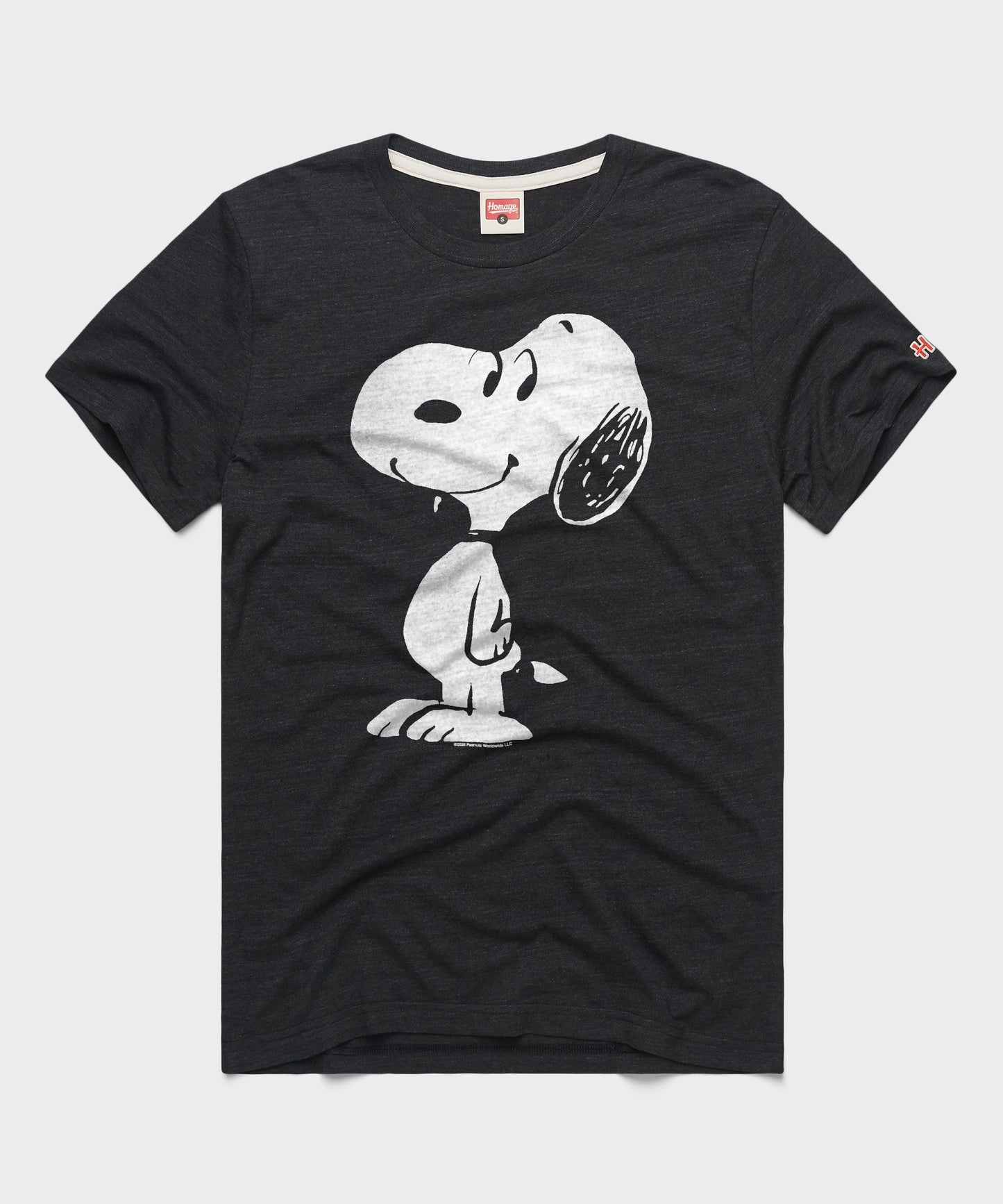 Charcoal short-sleeve t-shirt with a dynamic graphic of Snoopy on the front chest