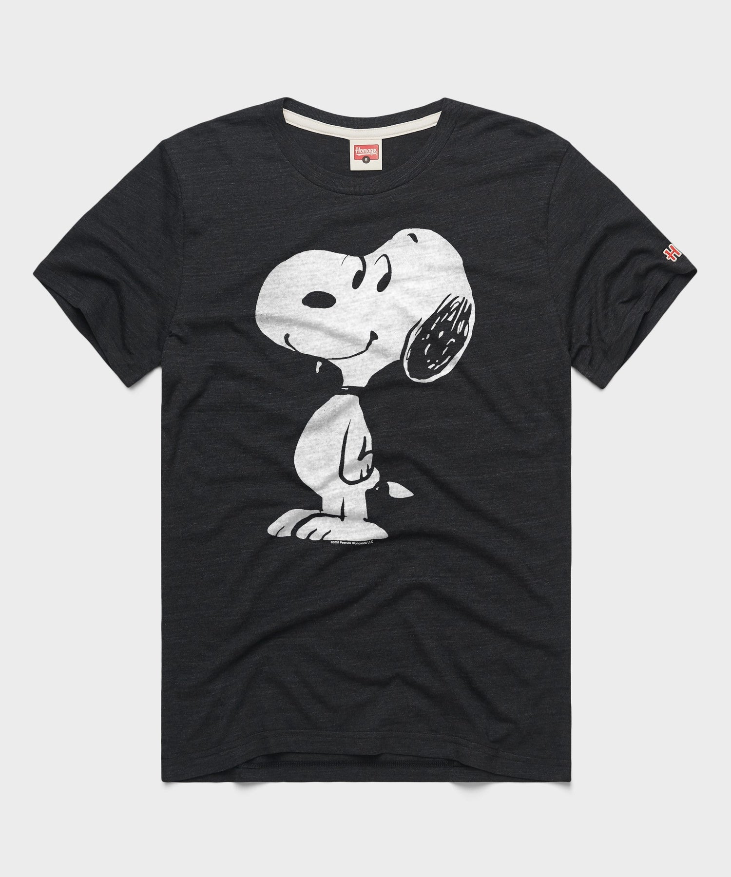 Charcoal short-sleeve t-shirt with a dynamic graphic of Snoopy on the front chest