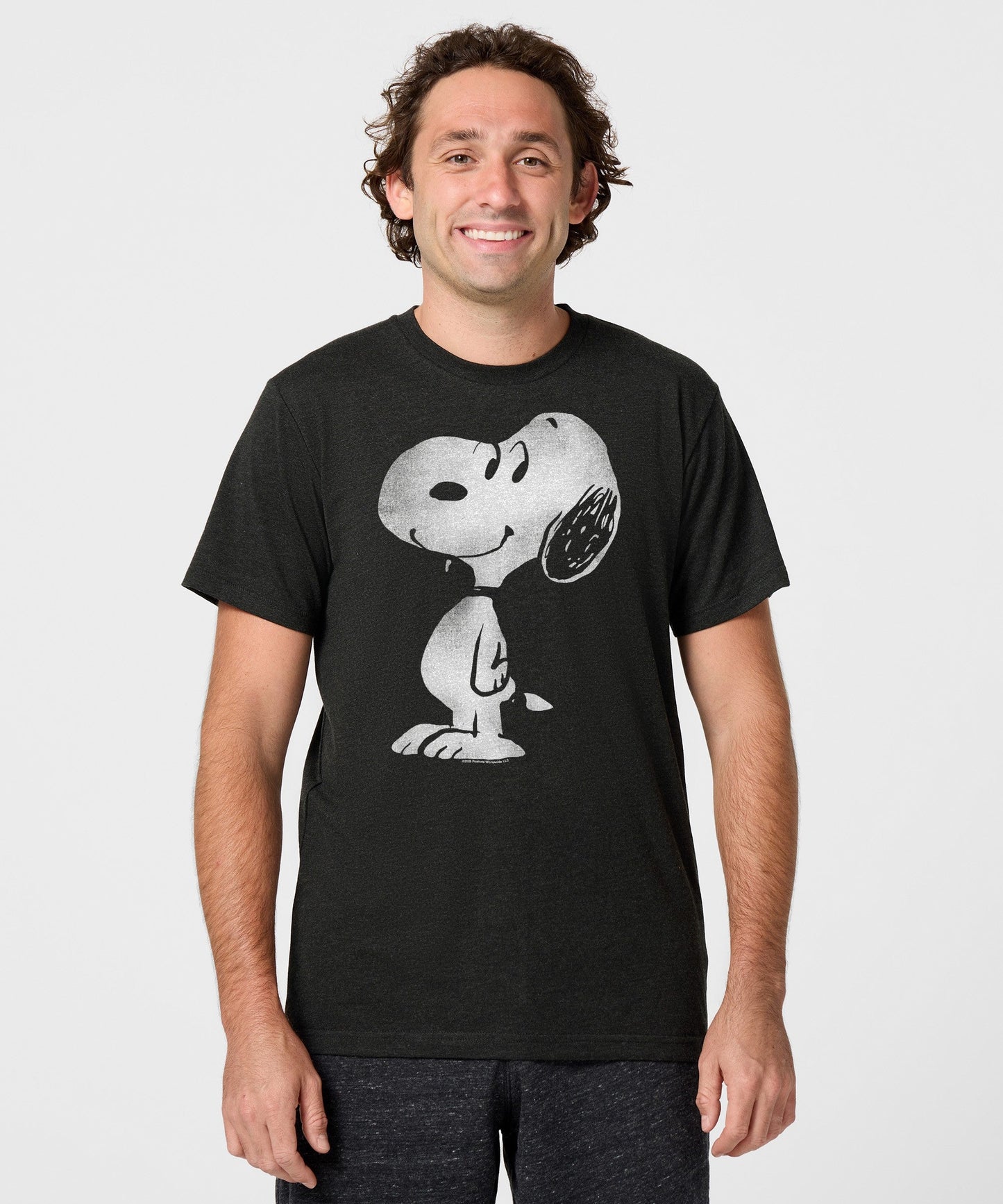 Back view of the charcoal t-shirt showing the plain crewneck styling