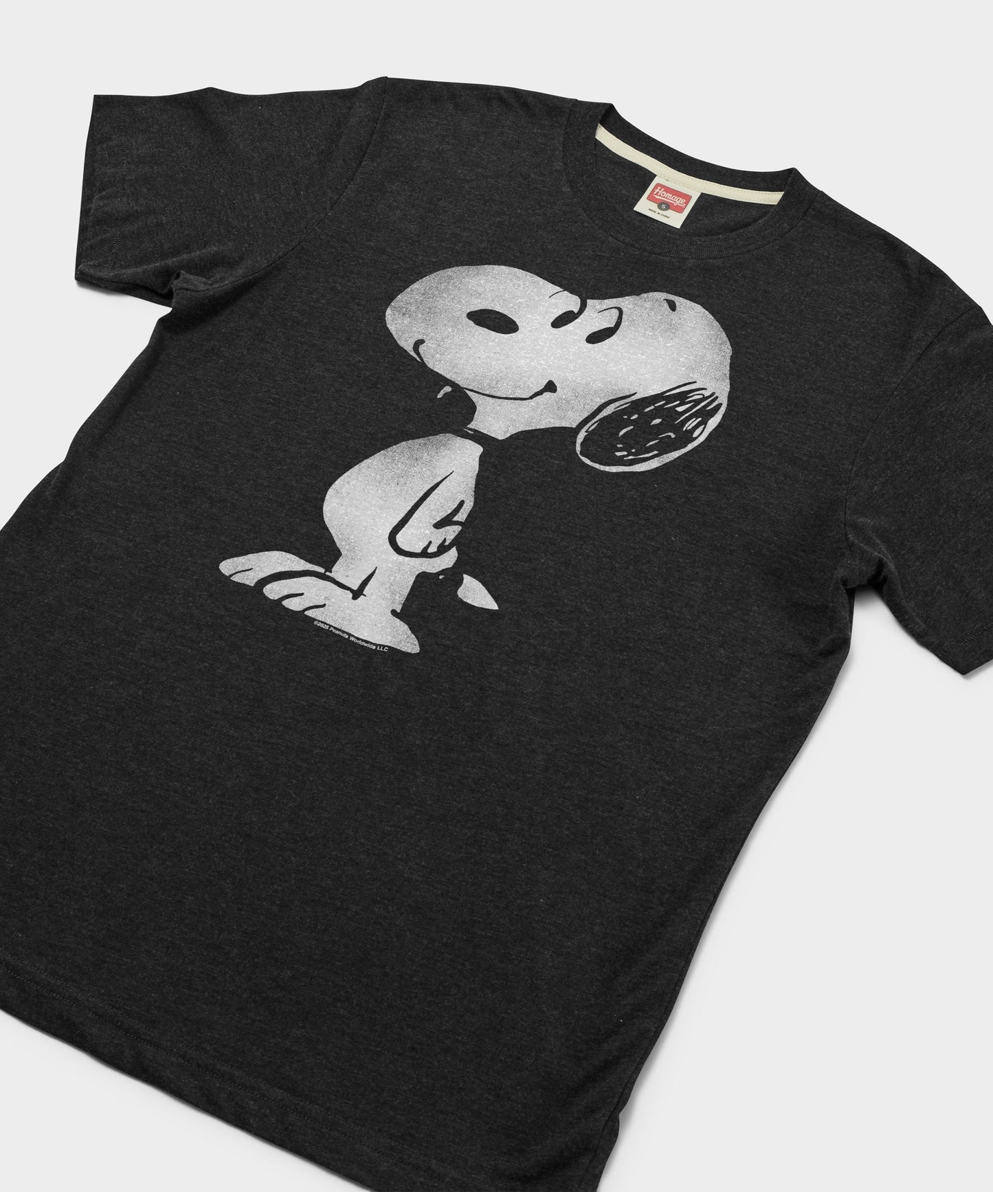 Close-up view of the Snoopy graphic printed on the charcoal fabric