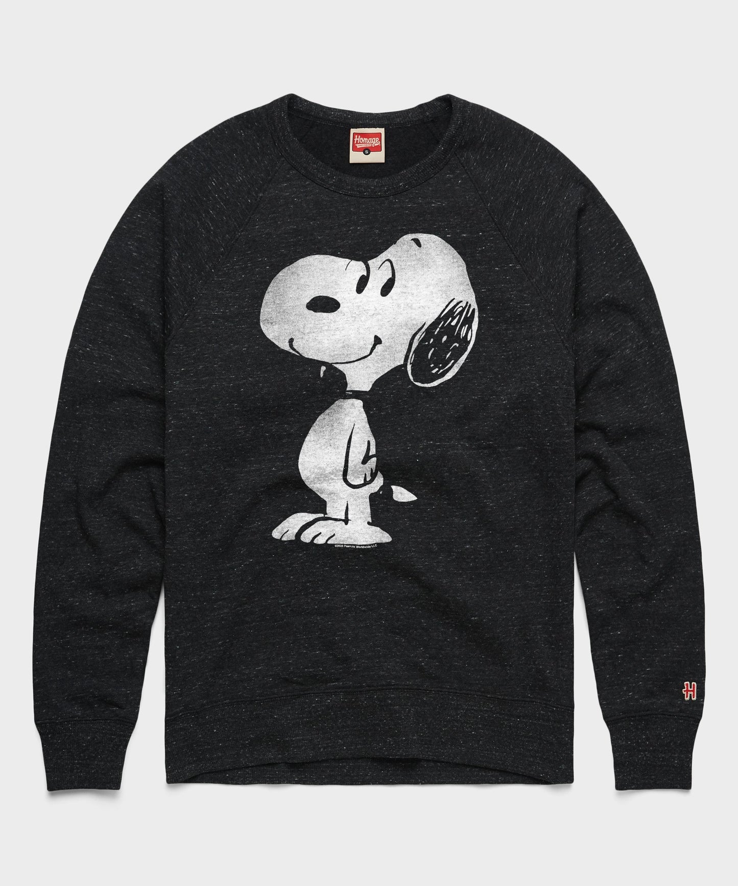 Charcoal crewneck sweatshirt featuring a graphic of Snoopy doing a happy dance on the front chest