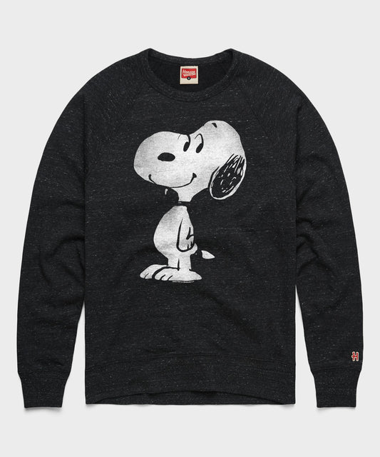Charcoal grey crewneck sweatshirt featuring a large graphic of Snoopy dancing on the front chest-0