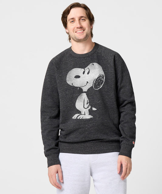 Charcoal grey crewneck sweatshirt featuring a large graphic of Snoopy dancing on the front chest-2