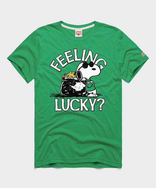 Green short-sleeve t-shirt with a graphic of Snoopy celebrating on the front chest-0