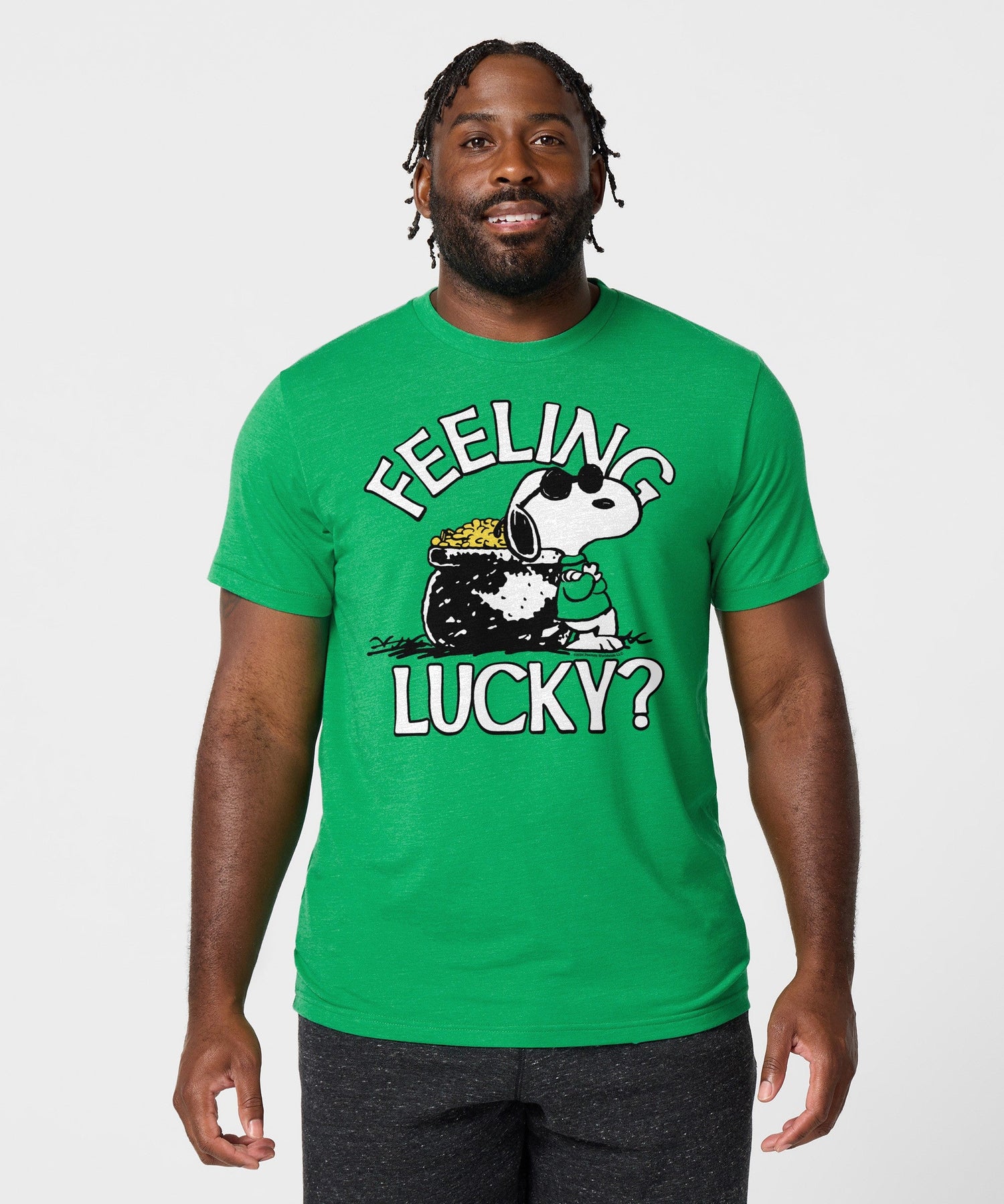 Back view of the solid green short-sleeve Peanuts t-shirt