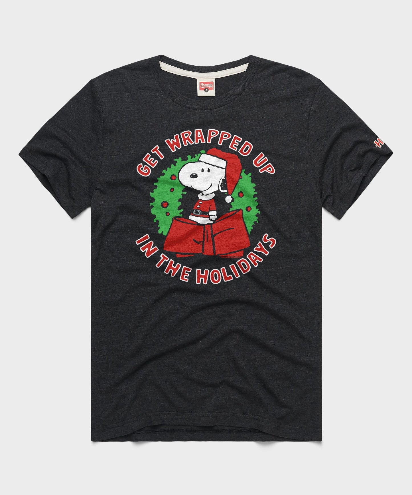Charcoal unisex t-shirt featuring Snoopy wrapped up for the holidays on the front chest