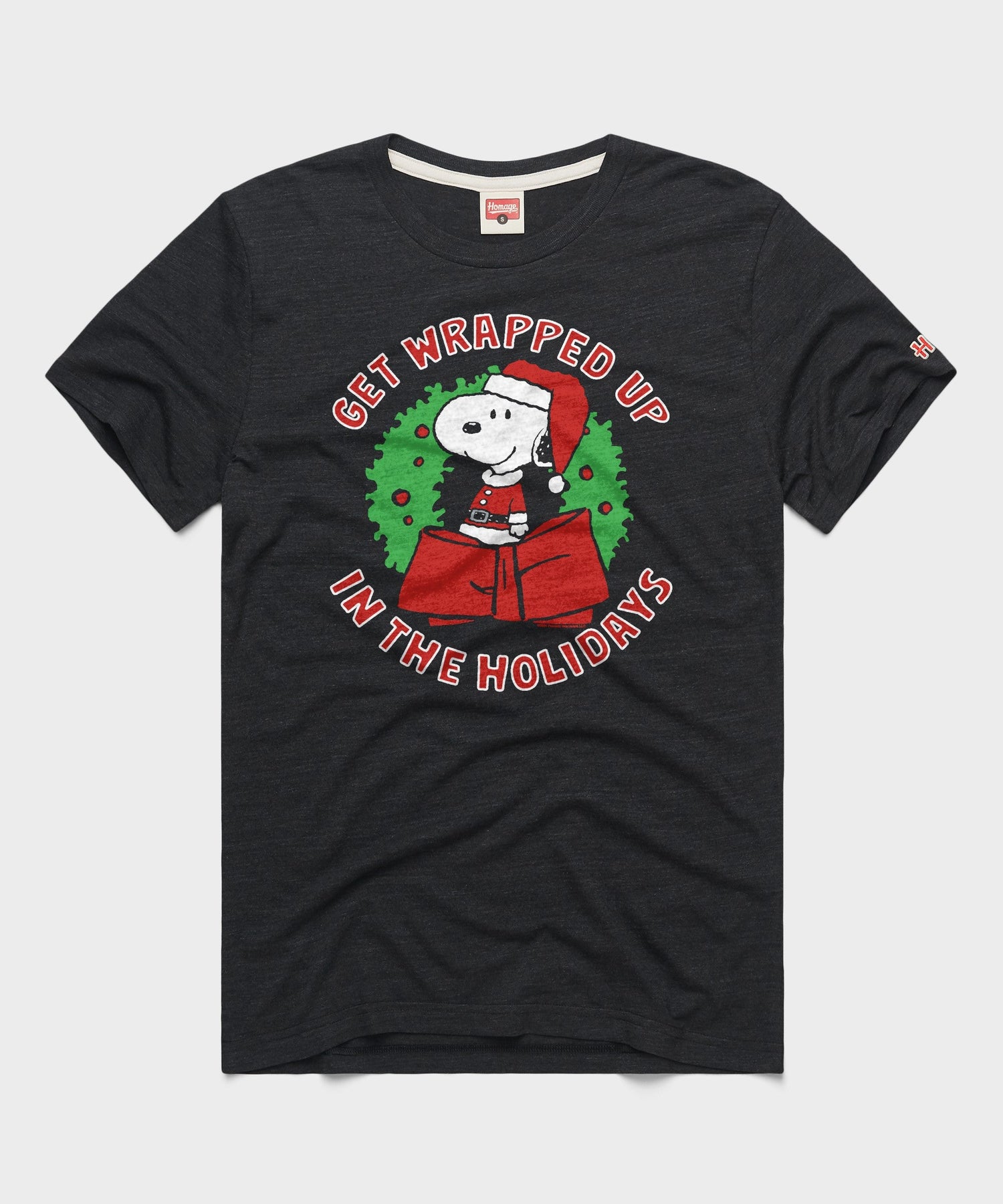 Charcoal unisex t-shirt featuring Snoopy wrapped up for the holidays on the front chest