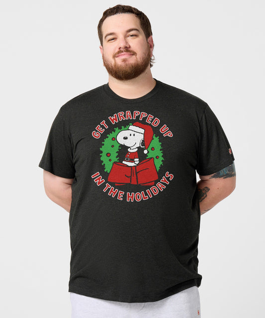 Charcoal unisex t-shirt featuring Snoopy wrapped up for the holidays on the front chest-2