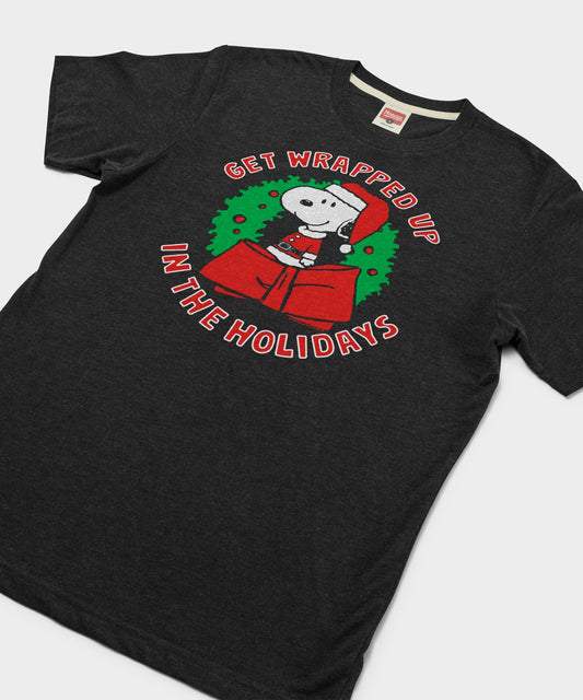 Charcoal unisex t-shirt featuring Snoopy wrapped up for the holidays on the front chest-1