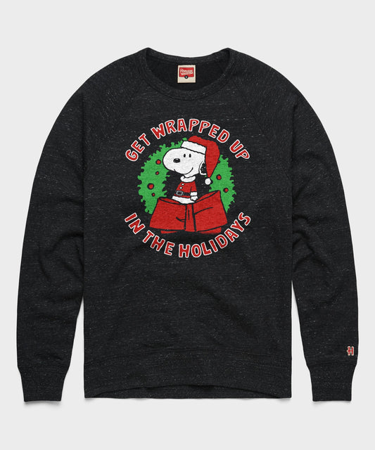 Charcoal crewneck sweatshirt featuring Snoopy getting wrapped up in ribbon on the front chest-0