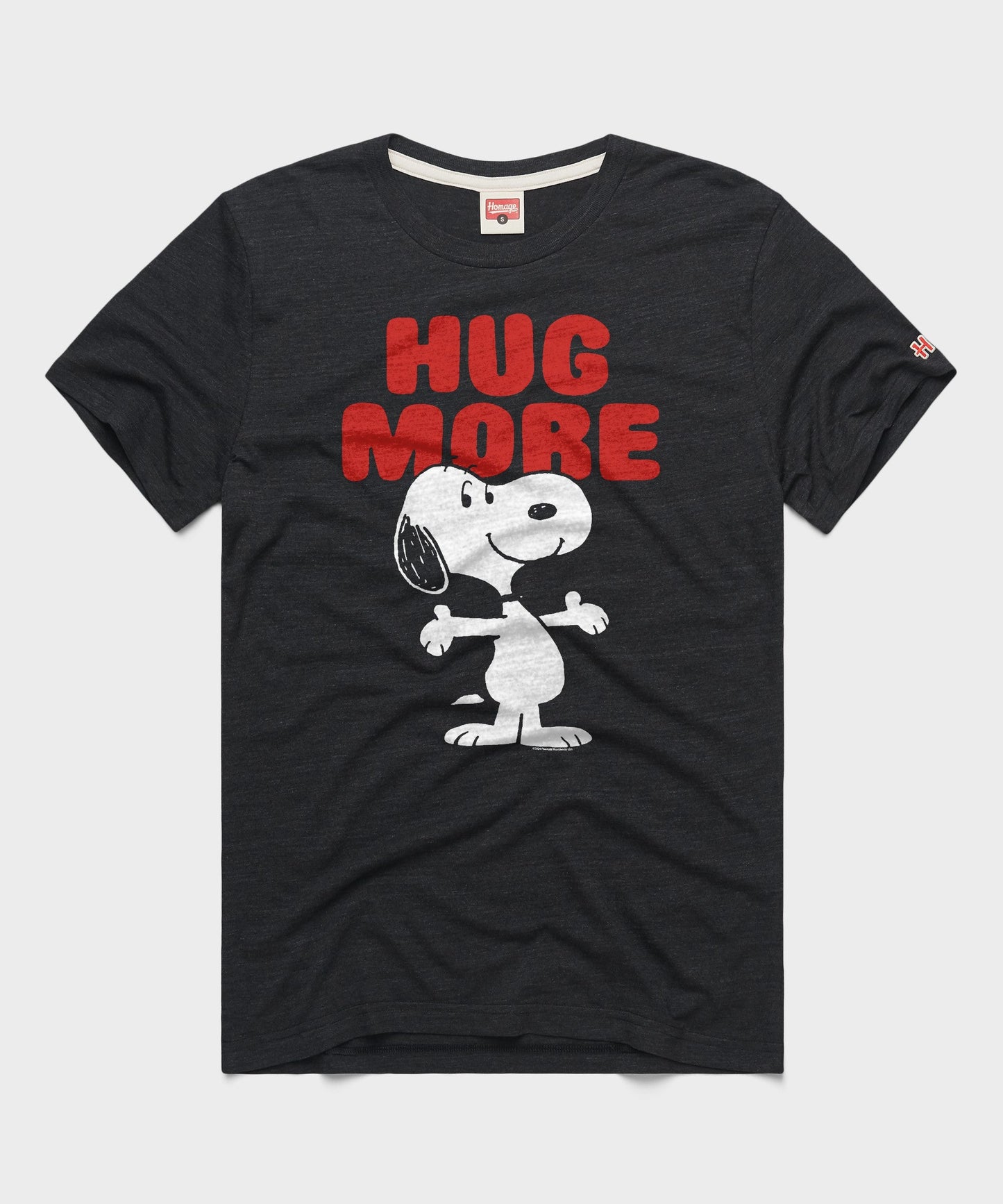 Charcoal crewneck t-shirt featuring Snoopy and the Hug More graphic on the chest