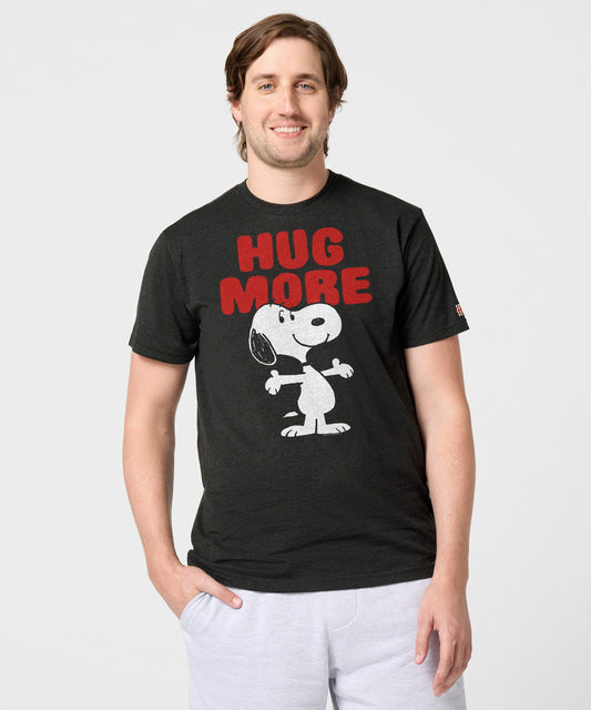 Charcoal crewneck t-shirt featuring Snoopy and the Hug More graphic on the chest-2