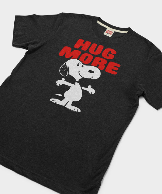 Charcoal crewneck t-shirt featuring Snoopy and the Hug More graphic on the chest-1