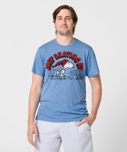 Light blue t-shirt featuring Snoopy ice skating across the front chest-2